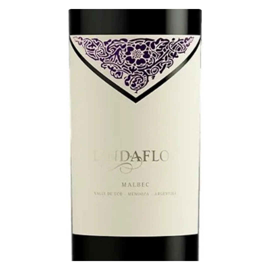 Detalhe do rótulo do Lindaflor Malbec, evidenciando a marca e a origem Valle de Uco.