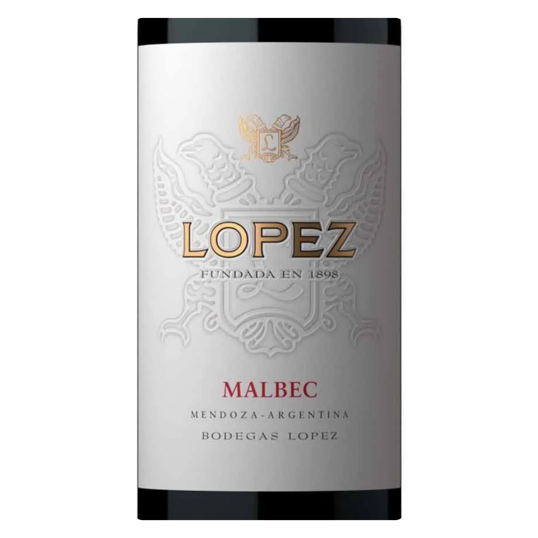 Close-up do rótulo do vinho López Malbec, mostrando a safra 2024 e a origem Mendoza.