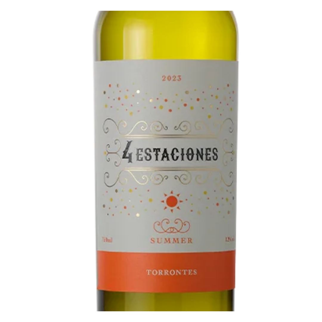 Close-up do rótulo do vinho Los Haroldos 4 Estaciones Summer, mostrando a ilustração de verão, a uva Torrontés e a safra