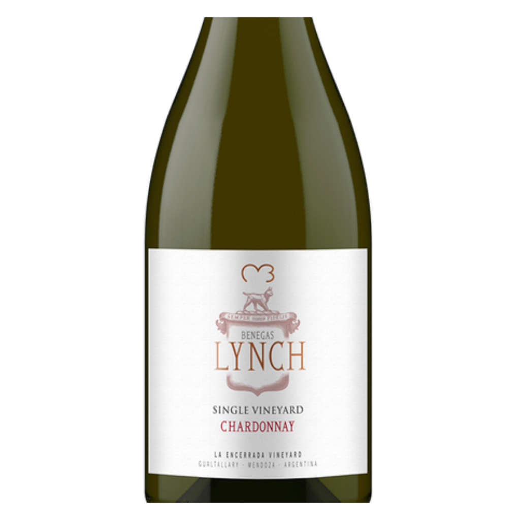 Close-up do rótulo do Lynch Chardonnay 2024 da Bodega Benegas, mostrando a linha Lynch, a uva Chardonnay, a origem Gualtallary Single Vineyard, a safra 2024 e a denominação Mendoza, Argentina.