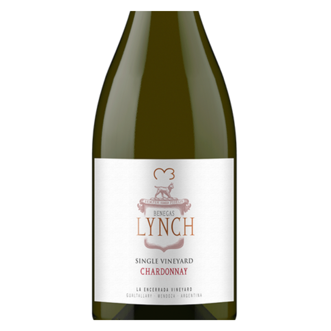 Close-up do rótulo do Lynch Chardonnay 2024 da Bodega Benegas, mostrando a linha Lynch, a uva Chardonnay, a origem Gualtallary Single Vineyard, a safra 2024 e a denominação Mendoza, Argentina.