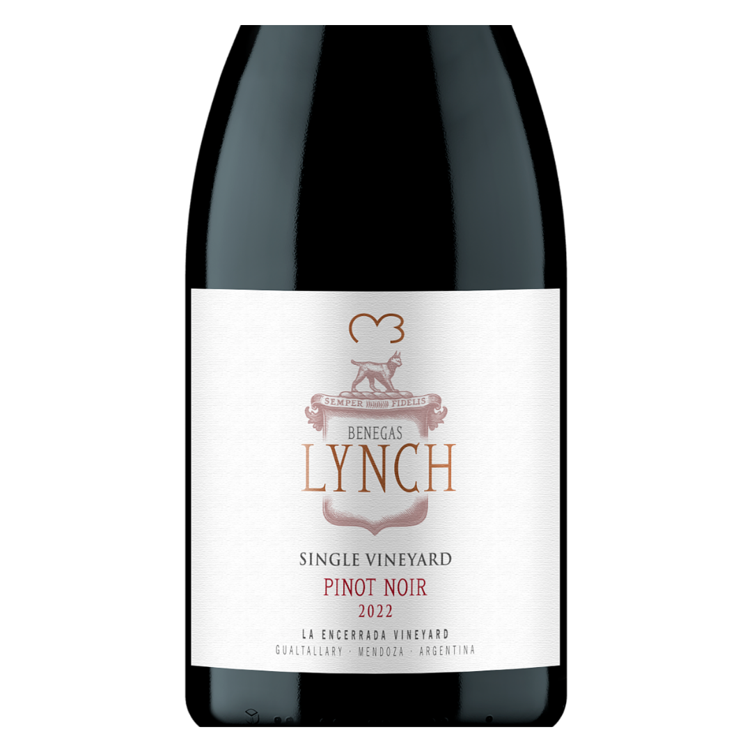 Close-up do rótulo do Benegas Lynch Pinot Noir 2022, mostrando a linha Lynch, a uva Pinot Noir, a safra 2022, a origem Single Vineyard Finca La Encerrada, Gualtallary, Vale do Uco, Mendoza, Argentina.