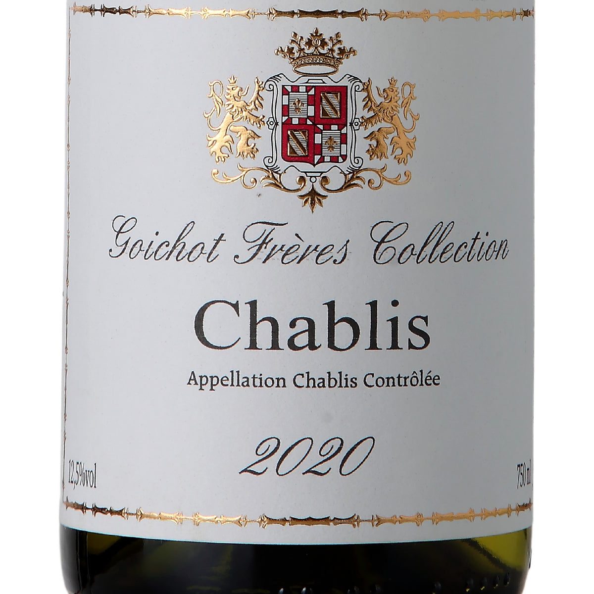Close do rótulo Maison Goichot Frères Chablis, vinho branco francês 100% Chardonnay, denominação Chablis AOC, Borgonha, garrafa de 750 ml.
