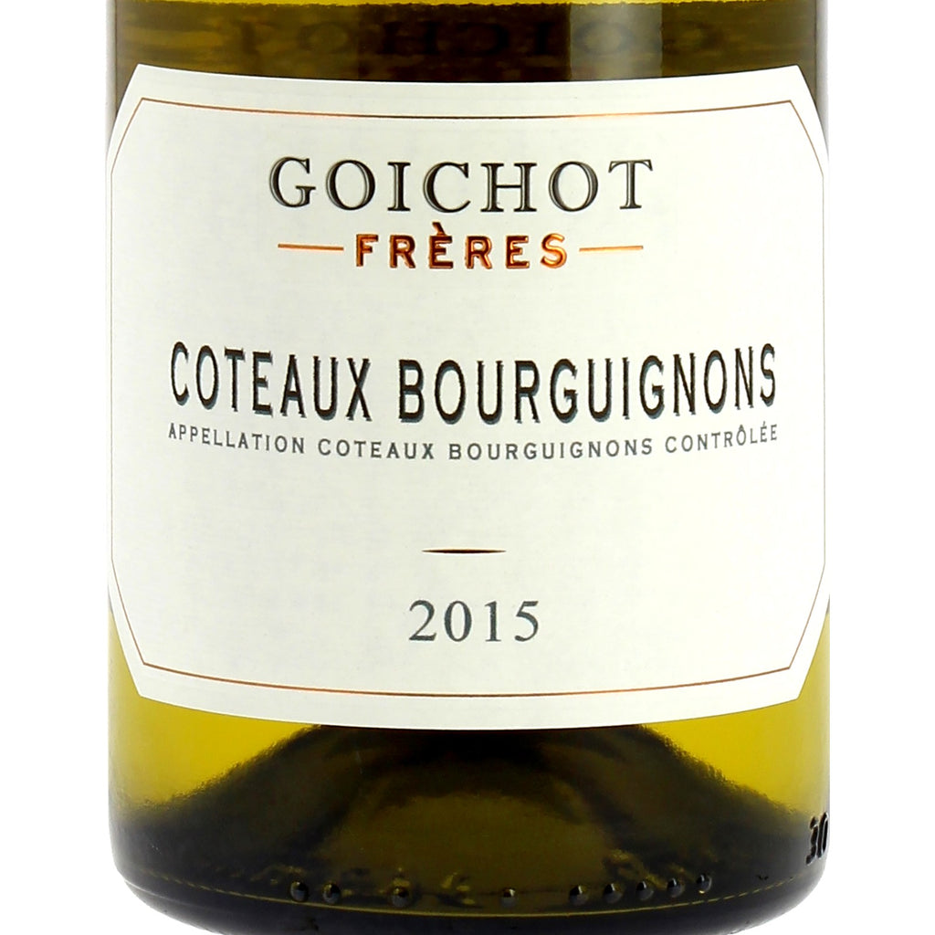 Detalhe do rótulo Maison Goichot Frères Coteaux Bourguignons Blanc, vinho branco francês de Chardonnay e Aligoté, denominação Coteaux Bourguignons AOC, garrafa de 750 ml.