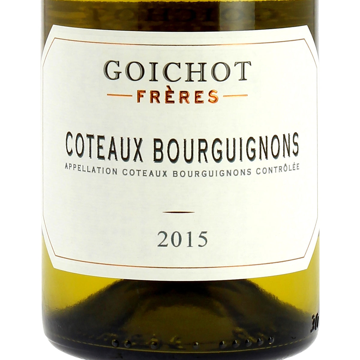 Detalhe do rótulo Maison Goichot Frères Coteaux Bourguignons Blanc, vinho branco francês de Chardonnay e Aligoté, denominação Coteaux Bourguignons AOC, garrafa de 750 ml.