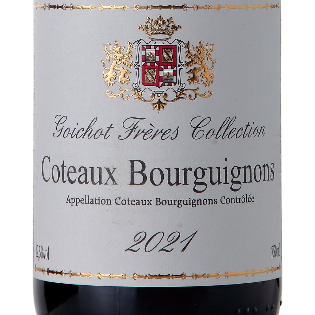 Detalhe do rótulo Maison Goichot Frères Coteaux Bourguignons Rouge, vinho tinto francês de Pinot Noir e Gamay da denominação Coteaux Bourguignons AOC, garrafa de 750 ml.