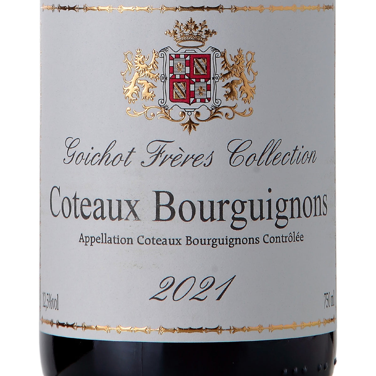 Detalhe do rótulo Maison Goichot Frères Coteaux Bourguignons Rouge, vinho tinto francês de Pinot Noir e Gamay da denominação Coteaux Bourguignons AOC, garrafa de 750 ml.