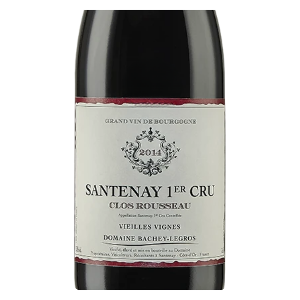 Close-up do rótulo do vinho Maison Goichot Frères Santenay 1er Cru "Clos Rousseau" 1998, mostrando o nome da vinícola, a denominação AOC Bourgogne e a safra.