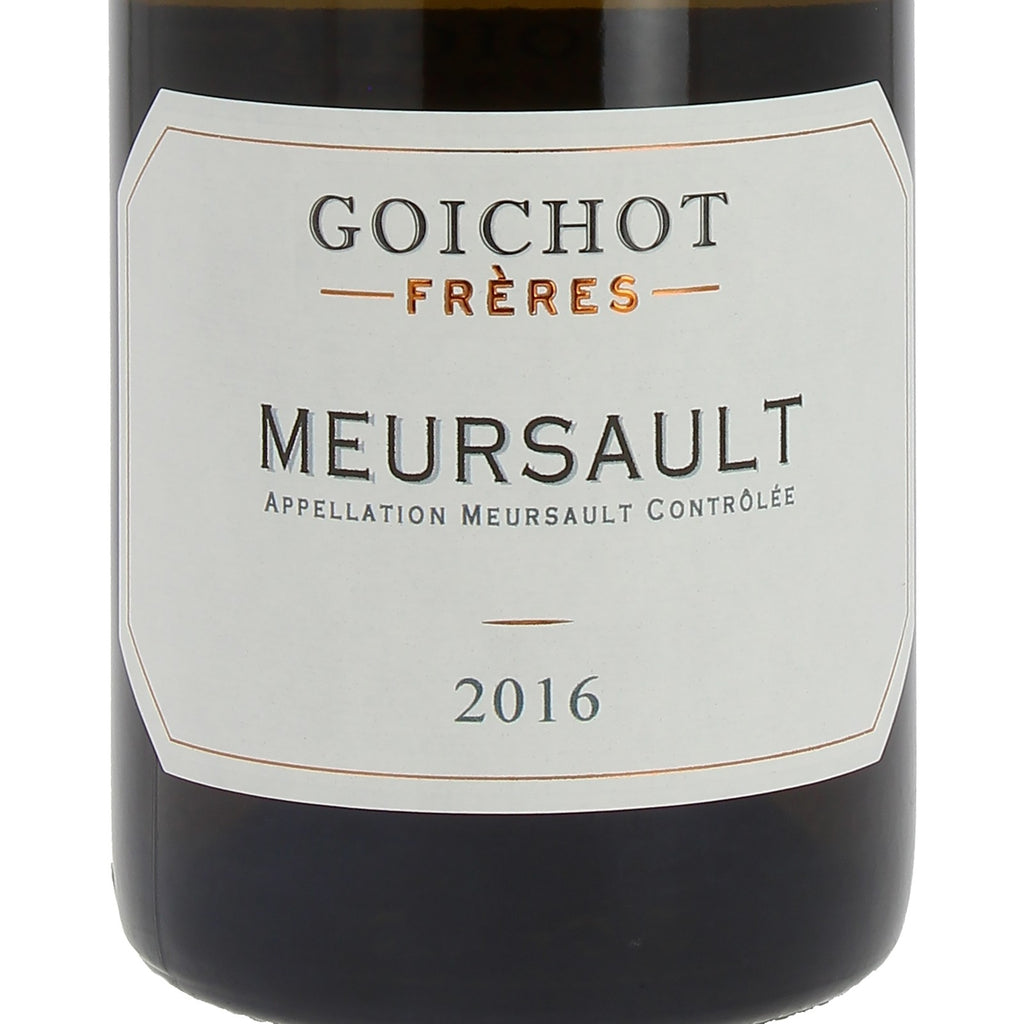 Detalhe do rótulo Maison Goichot Frères Meursault Blanc, vinho branco francês 100% Chardonnay da denominação Meursault AOC, Borgonha, garrafa de 750 ml.