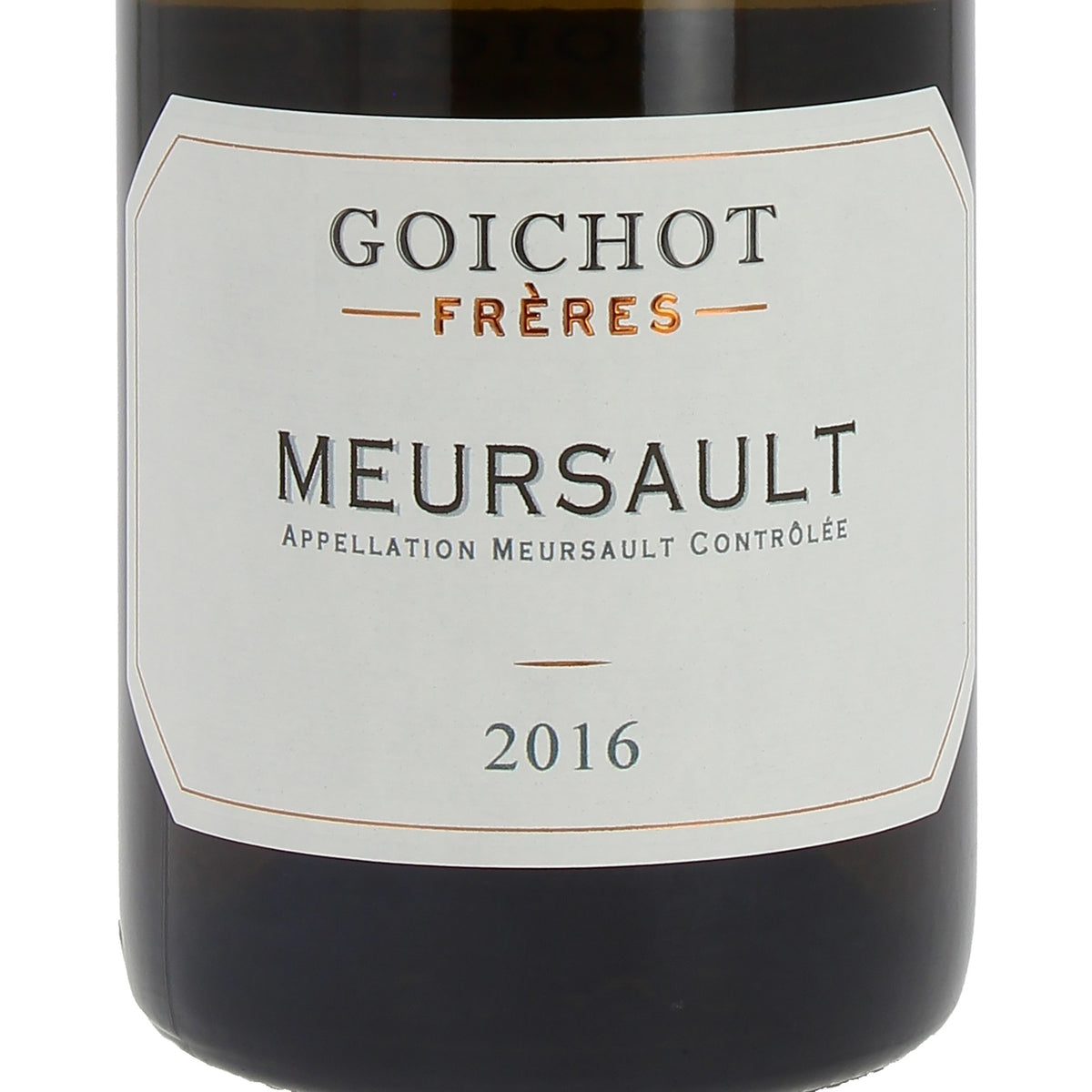 Detalhe do rótulo Maison Goichot Frères Meursault Blanc, vinho branco francês 100% Chardonnay da denominação Meursault AOC, Borgonha, garrafa de 750 ml.