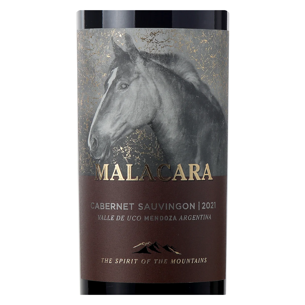 Close-up do rótulo do vinho Malacara Cabernet Sauvignon 750ml, mostrando o nome da vinícola Kauzo Estates e a denominação Mendoza.