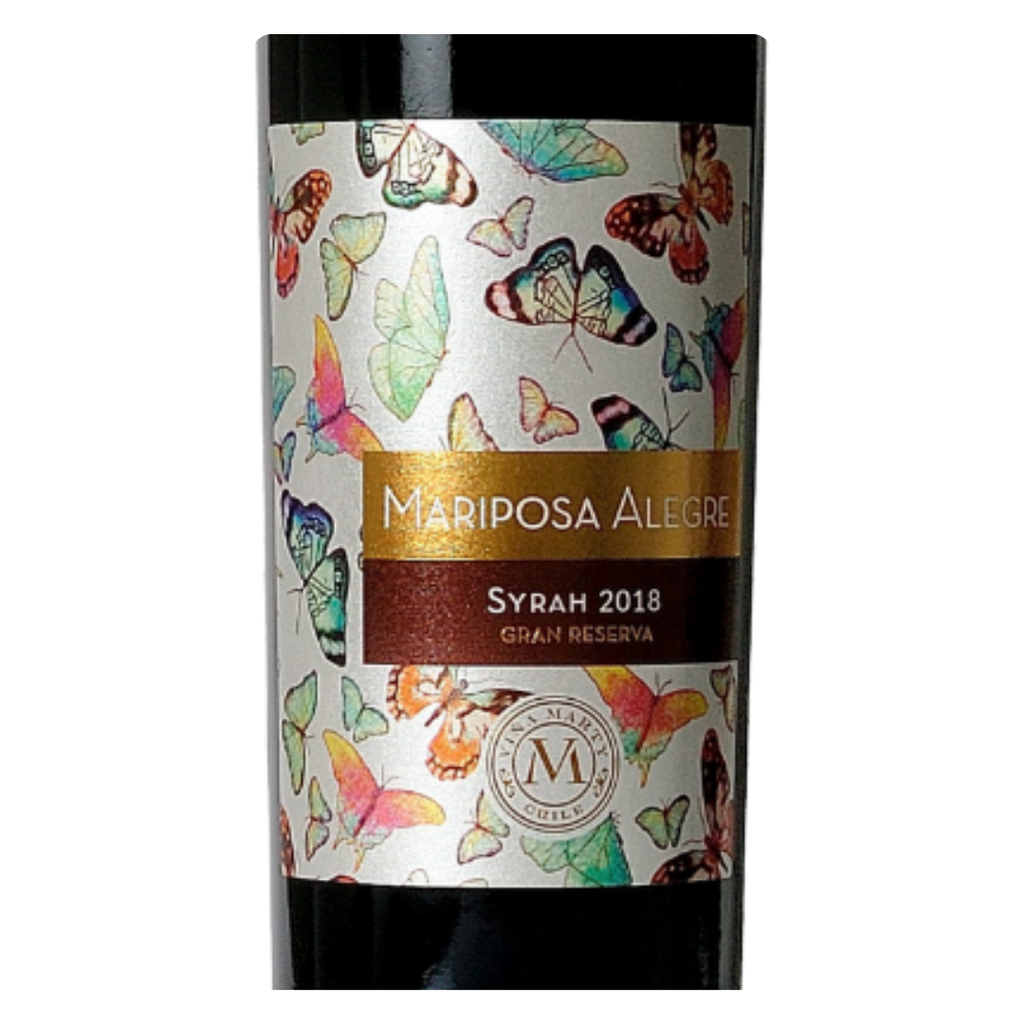 Close-up do rótulo do Mariposa Alegre Gran Reserva, mostrando a linha Gran Reserva, a uva Syrah, a origem Vale de Aconcágua Chile e o volume de 750ml.