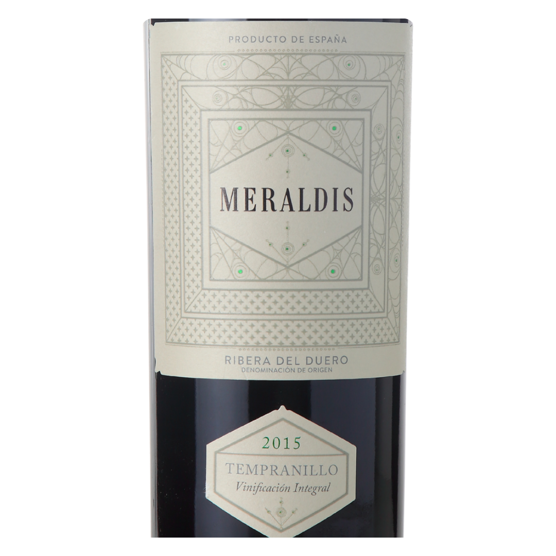 Close-up do rótulo do Meraldis Tempranillo, mostrando a linha Meraldis, a uva Tempranillo, a origem D.O. Ribera del Duero, Espanha, e o volume de 750ml.
