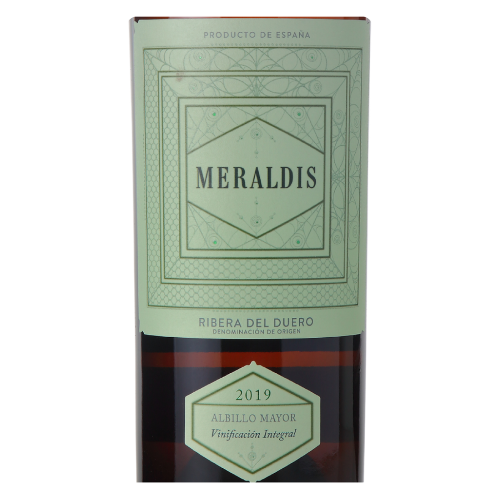 Close-up do rótulo do Meraldis Verdejo, mostrando a linha Meraldis, a uva Verdejo, a origem D.O. Rueda, Espanha, e o volume de 750ml.