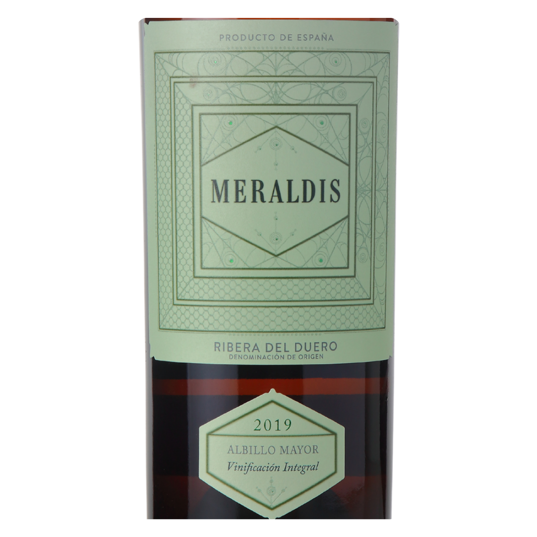 Close-up do rótulo do Meraldis Verdejo, mostrando a linha Meraldis, a uva Verdejo, a origem D.O. Rueda, Espanha, e o volume de 750ml.