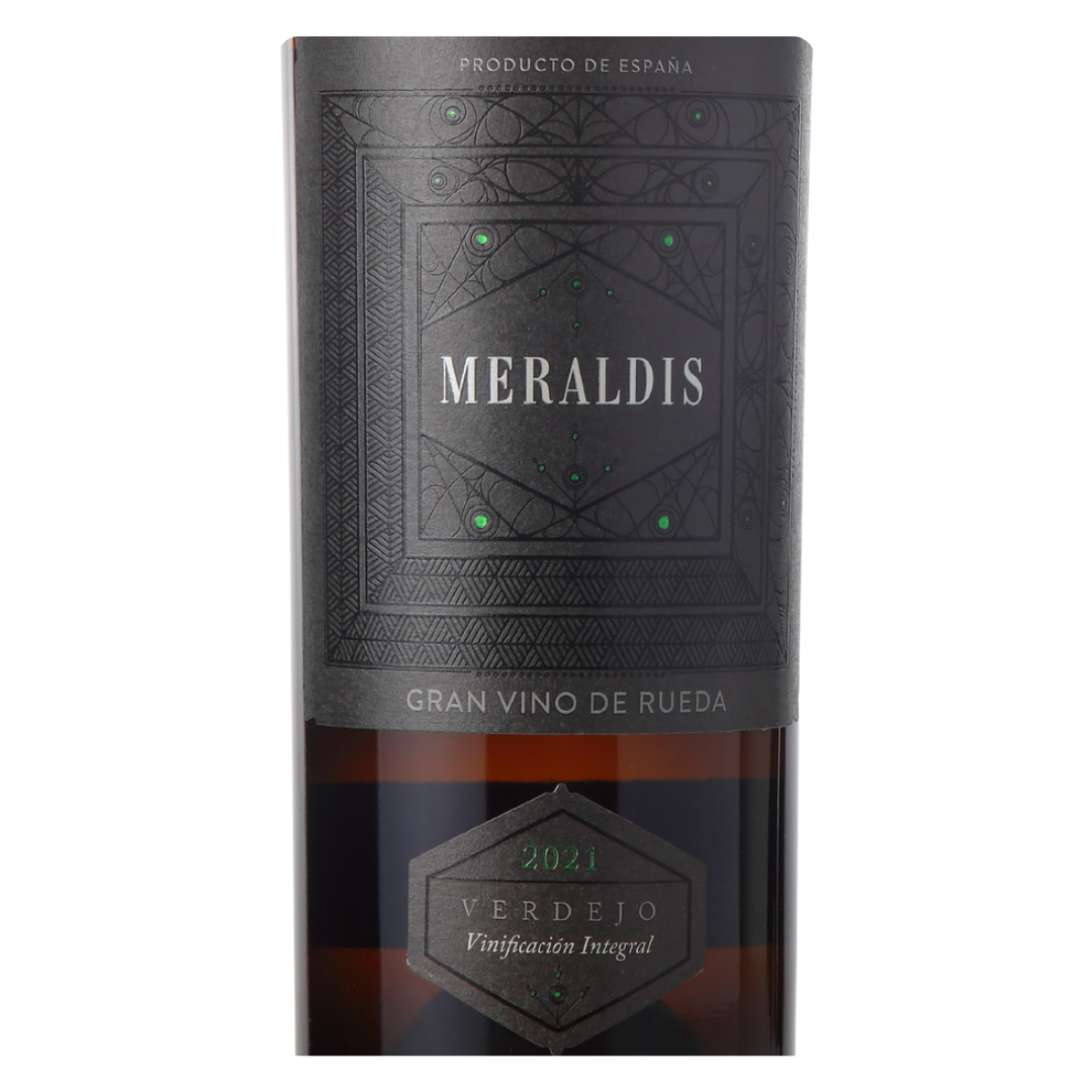 Close-up do rótulo do Meraldis Verdejo, mostrando a linha Meraldis, a uva Verdejo, a origem D.O. Rueda, Espanha, e o volume de 750ml.