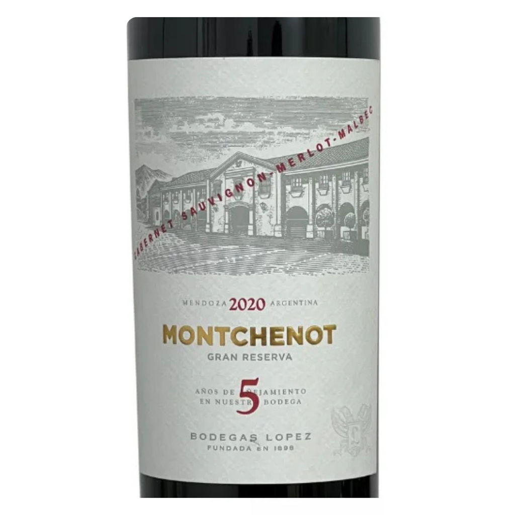 Close-up do rótulo do vinho Montchenot Gran Reserva, exibindo o brasão da Bodega López e a indicação de 5 anos de envelhecimento.