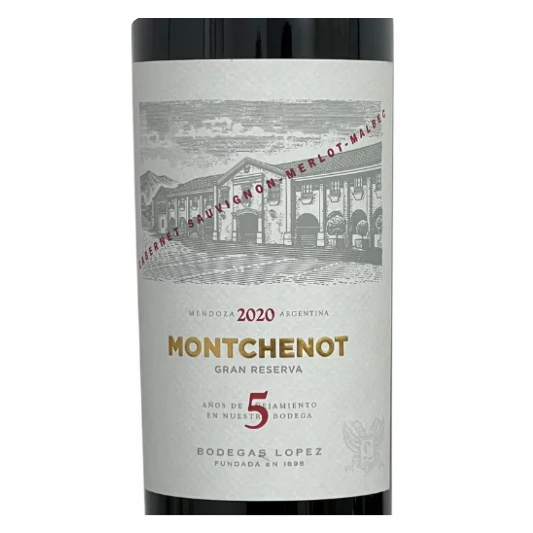 Close-up do rótulo do vinho Montchenot Gran Reserva, exibindo o brasão da Bodega López e a indicação de 5 anos de envelhecimento.