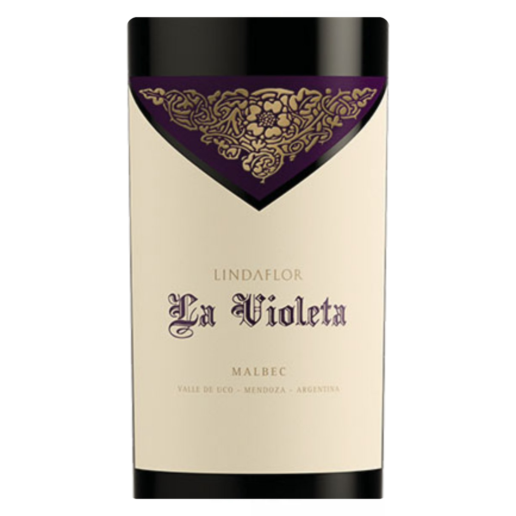 Close-up do rótulo do vinho Monteviejo Lindaflor La Violeta, exibindo o nome da bodega, a uva Malbec, a denominação Vale de Uco e a safra 2012.