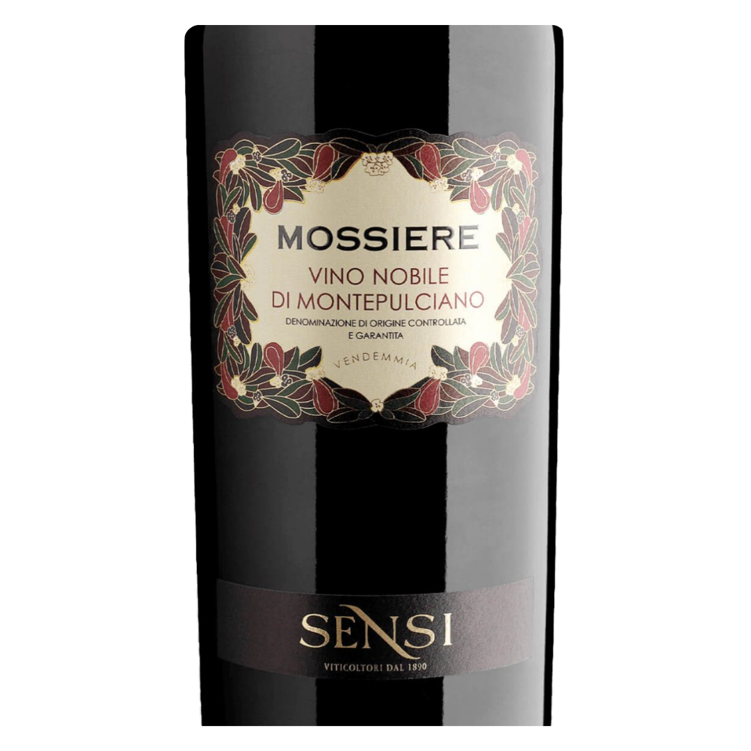 Close-up do rótulo do Mossiere Vino Nobile di Montepulciano, mostrando a linha Mossiere, a uva Sangiovese Prugnolo Gentile, a origem Montepulciano DOCG, Toscana, Itália e o volume de 750ml.