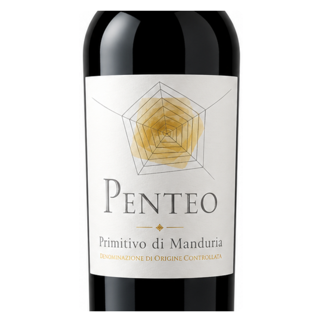 Close-up do rótulo do Penteo Primitivo, mostrando a linha Peppe Buio Winery, a uva Primitivo 100%, a origem Primitivo di Manduria DOC, Puglia, Itália, safra 2021 e o volume de 750ml.
