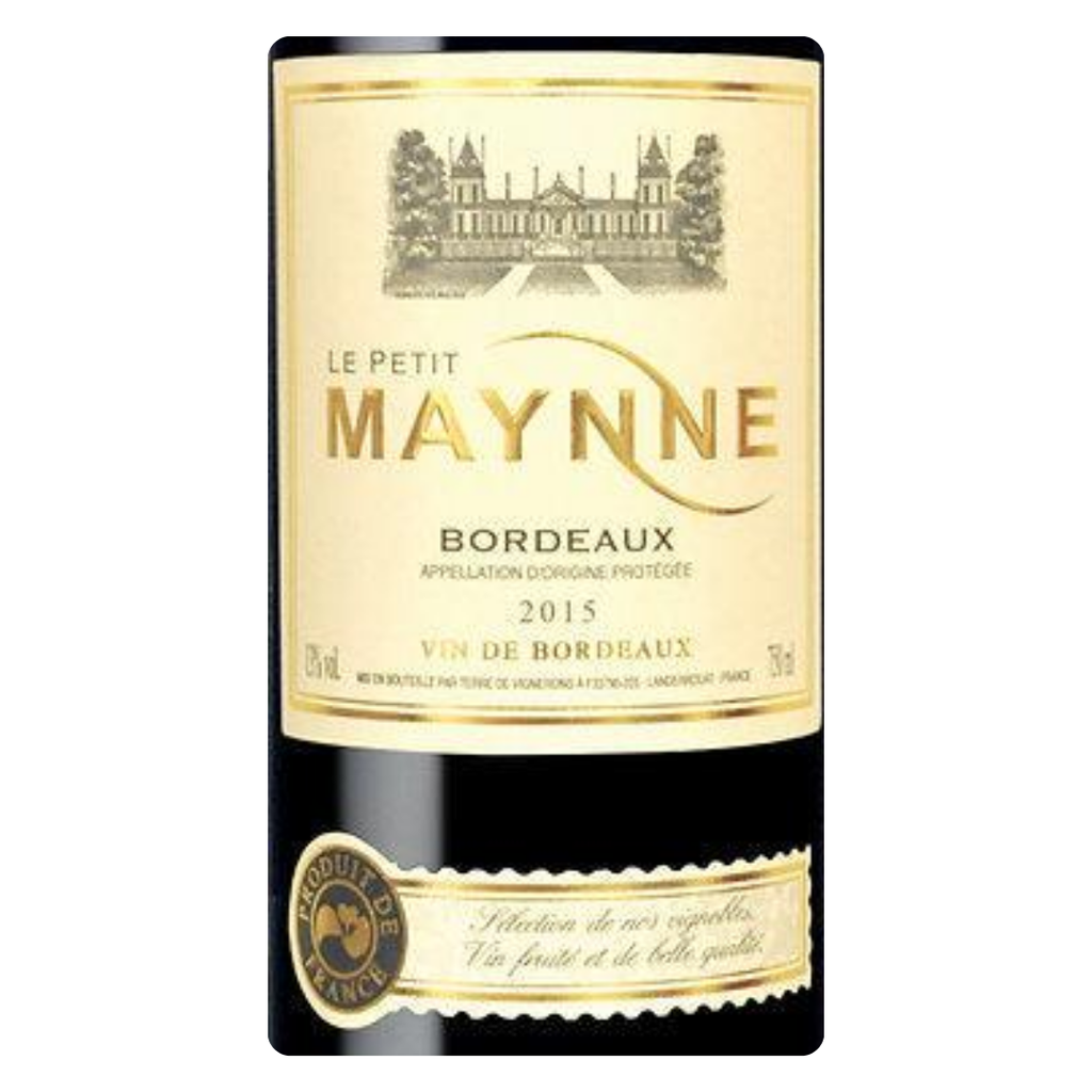 Close-up do rótulo do vinho Petit Maynne Bordeaux, mostrando o nome da vinícola Terre de Vignerons, a região Bordeaux e o volume de 750 ml.