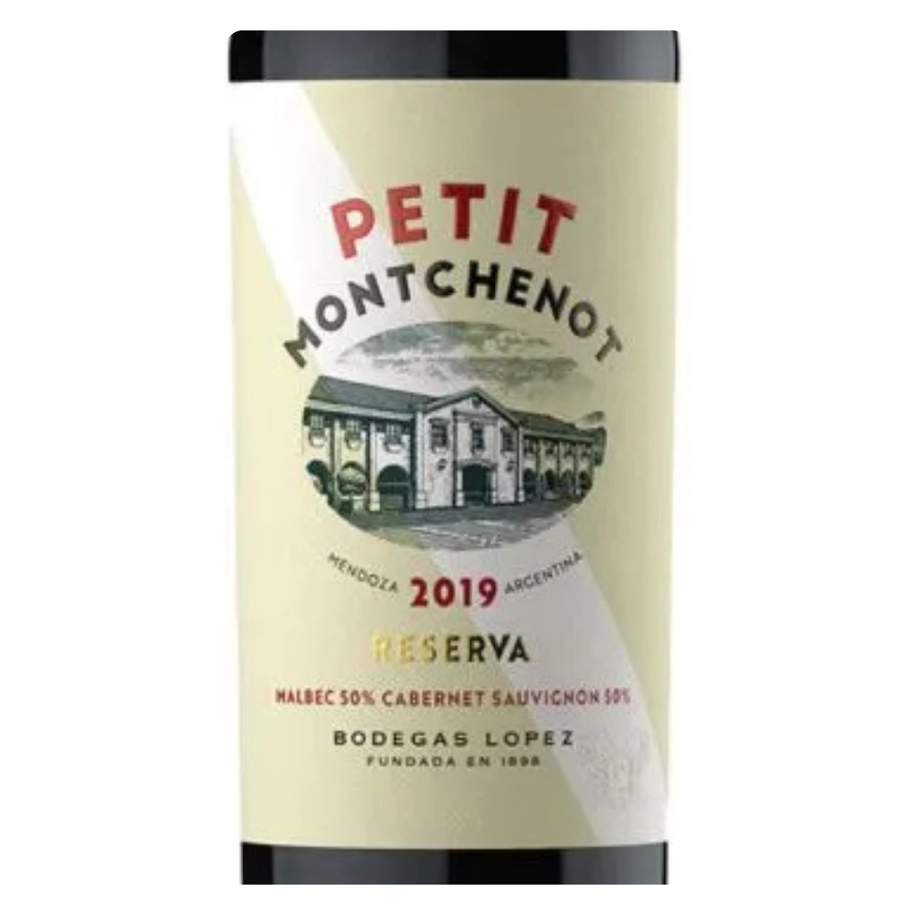 Close-up do rótulo do Petit Montchenot, mostrando a marca Bodega López e a composição Malbec-Cabernet.
