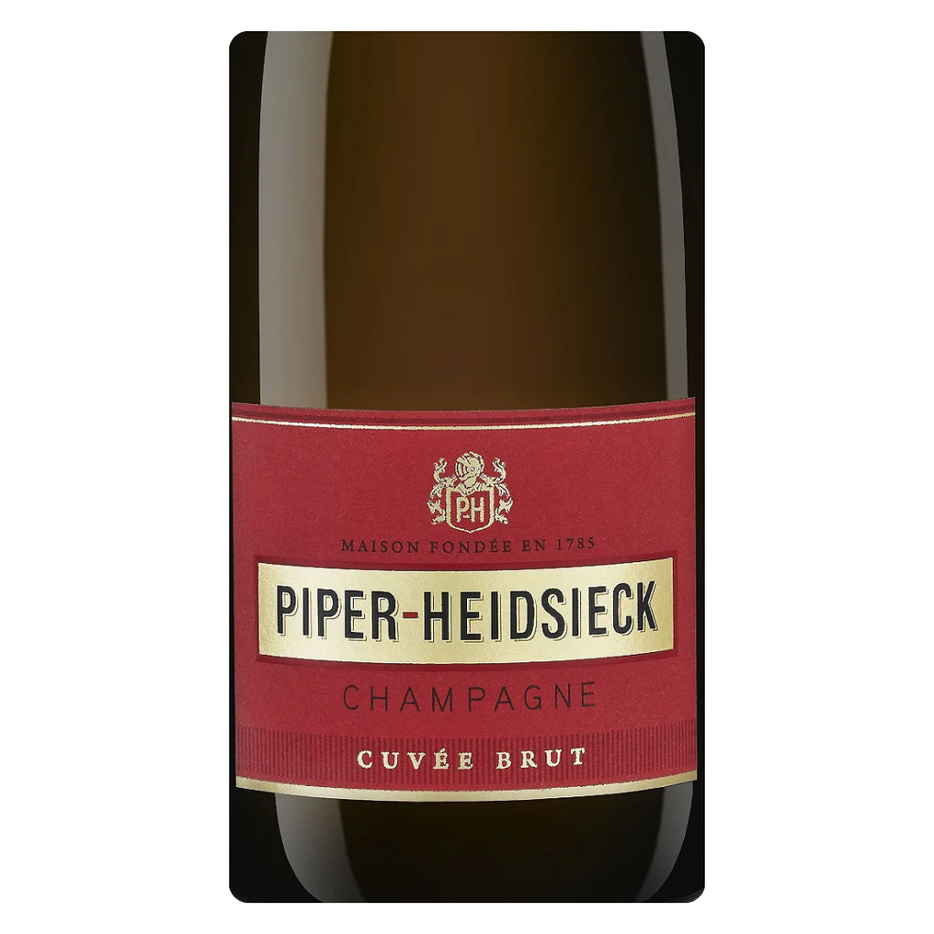 Close-up do rótulo do Champagne Piper Heidsieck Cuvée Brut, mostrando o nome da Maison Piper-Heidsieck, o tipo Brut e o volume de 750 ml.