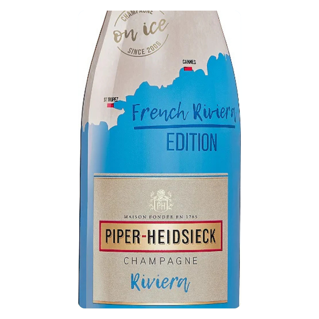 Detalhe do rótulo French Riviera da Piper-Heidsieck, indicando ser um champanhe para beber com gelo.