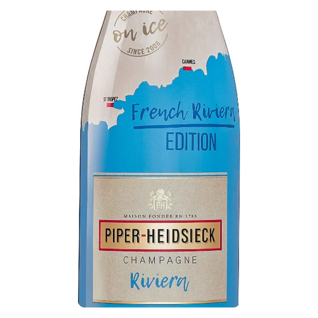 Detalhe do rótulo French Riviera da Piper-Heidsieck, indicando ser um champanhe para beber com gelo.