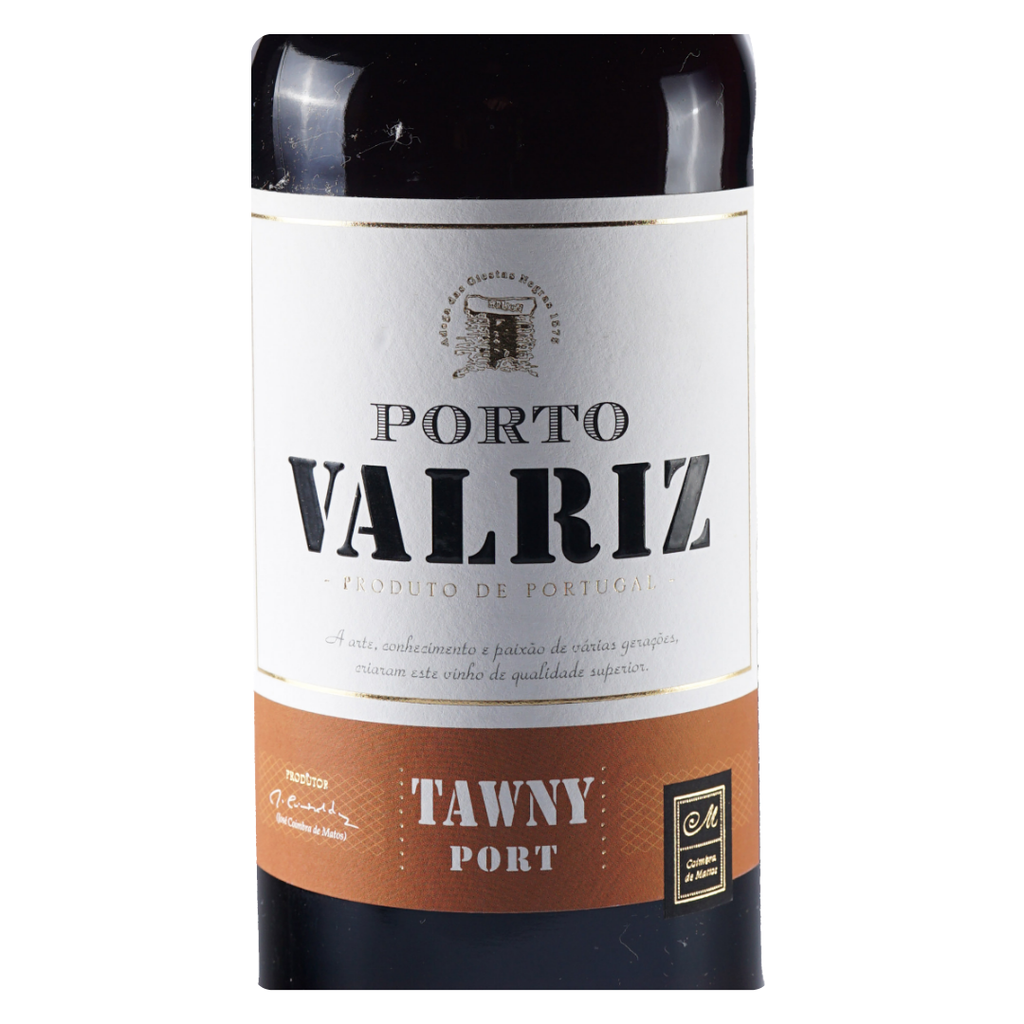 Detalhe do rótulo clássico do Porto Valriz Tawny, indicando a origem Douro e o produtor Coimbra de Mattos.