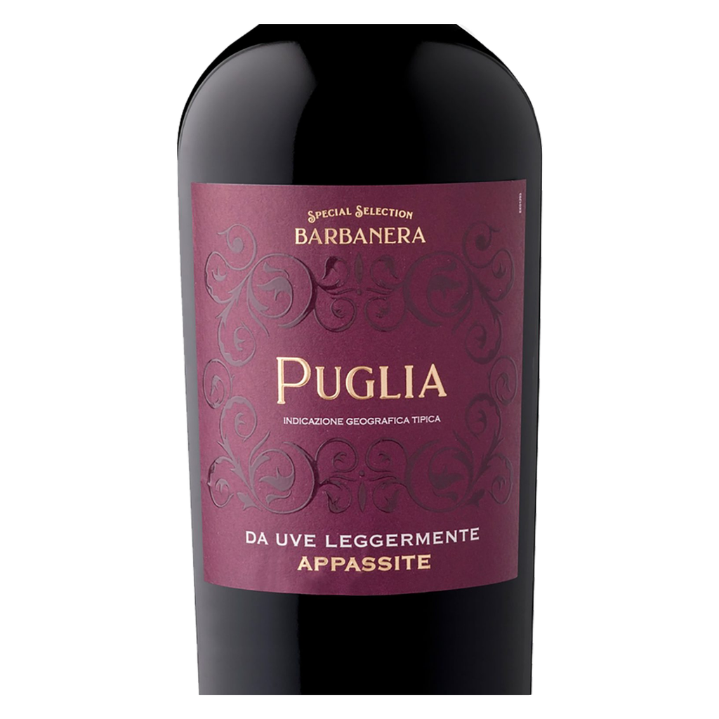 Close-up do rótulo do Puglia Special Selection, mostrando a linha Barbanera, o blend de uvas da região, a origem Puglia, Itália e o volume de 750ml.