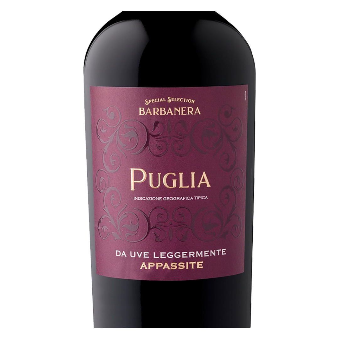 Close-up do rótulo do Puglia Special Selection, mostrando a linha Barbanera, o blend de uvas da região, a origem Puglia, Itália e o volume de 750ml.