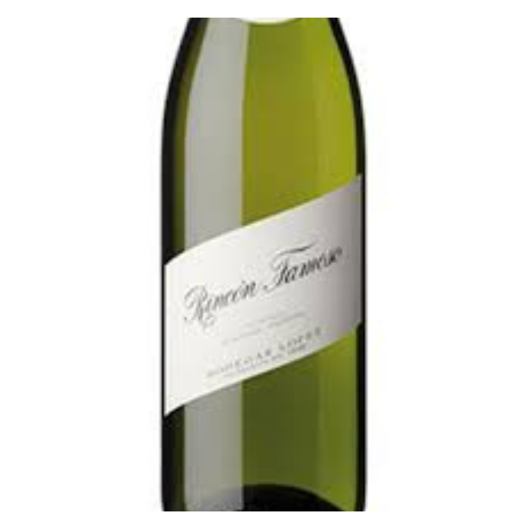 Close no rótulo clássico do Rincón Famoso Branco, mostrando o nome do vinho e o brasão da Bodegas López.