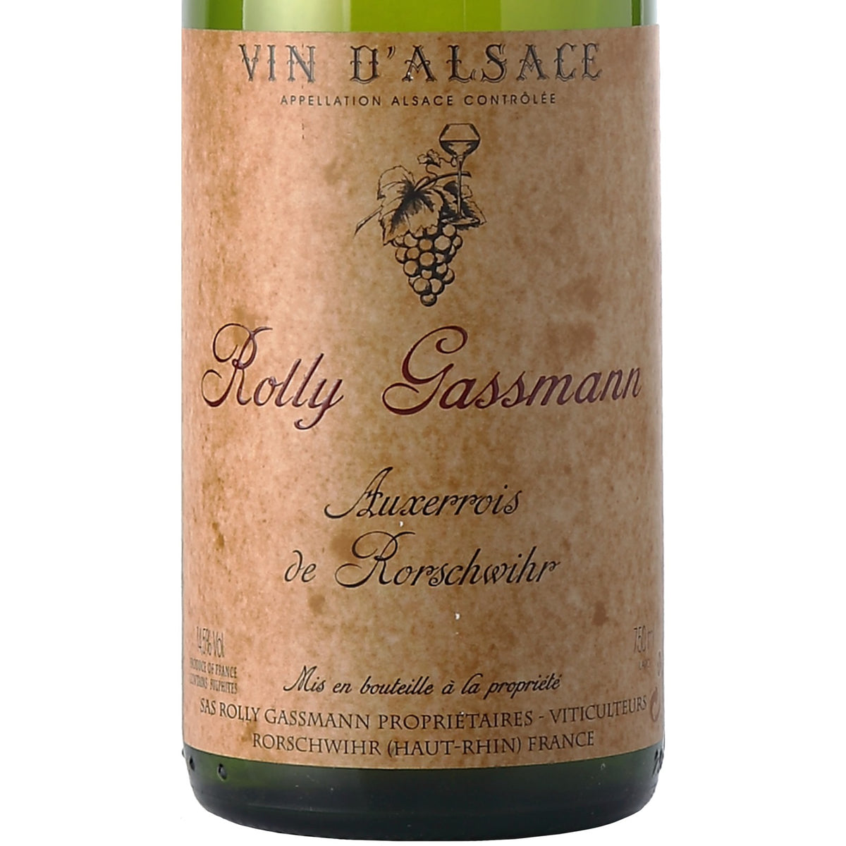 Detalhe do rótulo Auxerrois de Rorschwihr 2003 do Domaine Rolly Gassmann, vinho branco de Auxerrois da Alsácia, França, em garrafa de 750 ml.