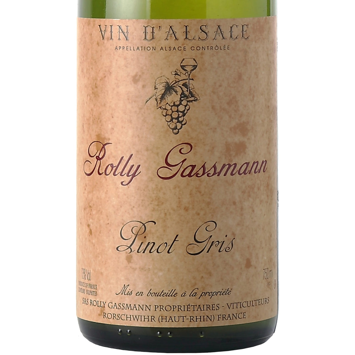 Detalhe do rótulo Rolly Gassmann Pinot Gris Réserve 2017, vinho branco de Pinot Gris da Alsácia, França, em garrafa de 750 ml.