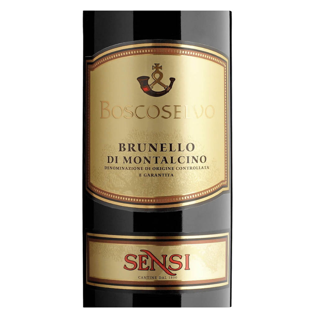 Close-up do rótulo do vinho Sensi Boscoselvo Brunello di Montalcino, exibindo o nome do produtor, a denominação de origem e o selo DOCG.