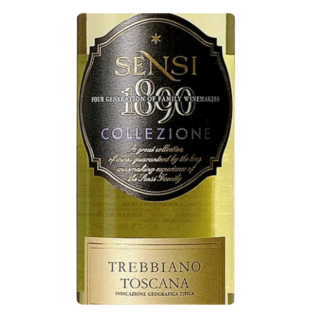 Detalhe do rótulo do Sensi Collezione, destacando a uva Trebbiano e a região da Toscana.