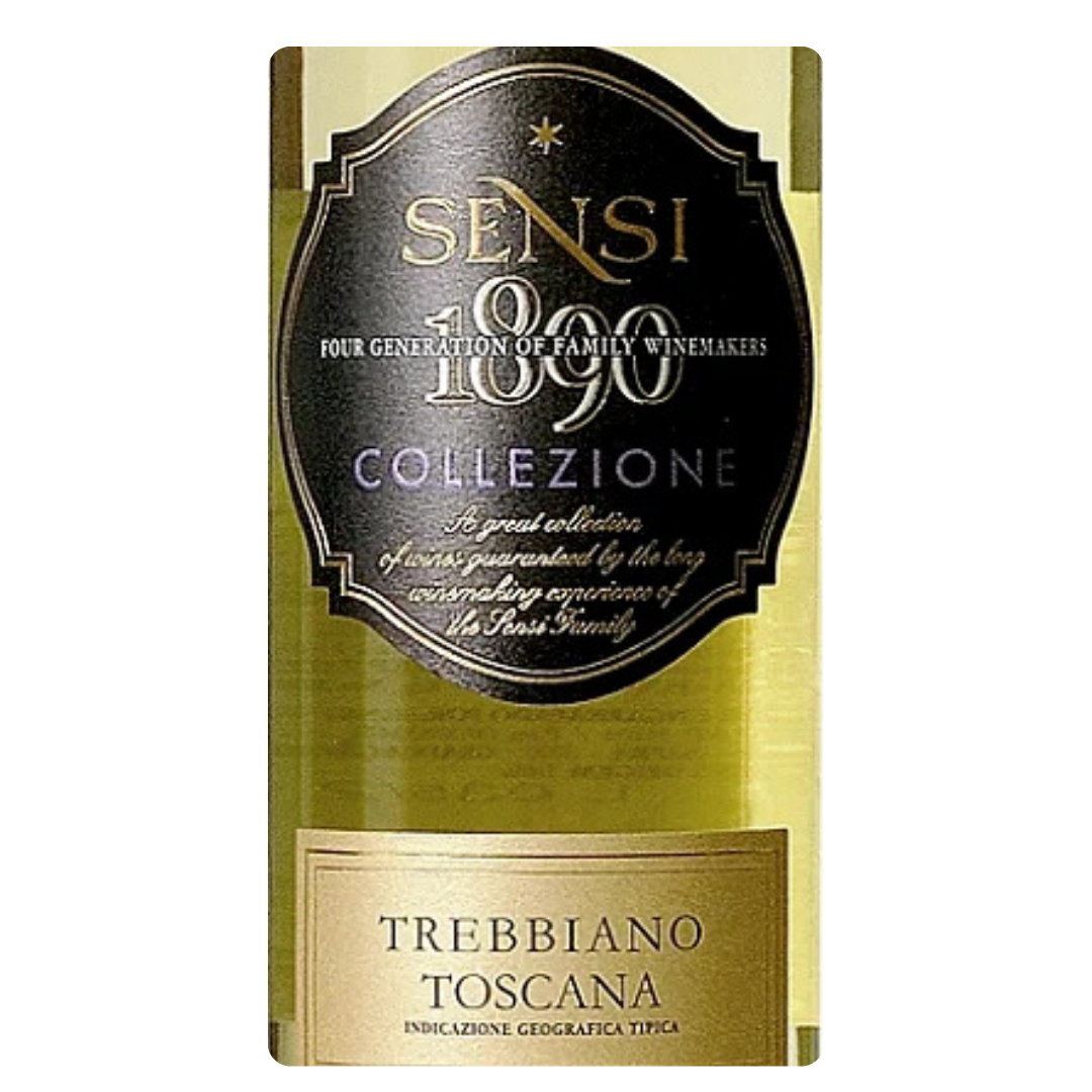 Detalhe do rótulo do Sensi Collezione, destacando a uva Trebbiano e a região da Toscana.