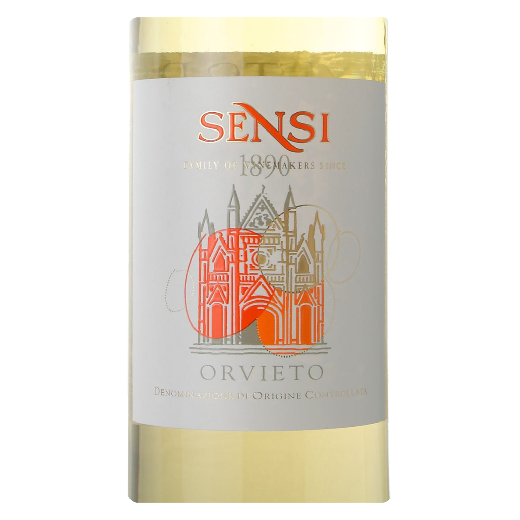 Close-up do rótulo do Sensi Orvieto DOC, mostrando a Sensi Vini 1890, o blend de Trebbiano, Verdello e Malvasia, a origem Orvieto, Umbria, Itália, e o volume de 750ml.