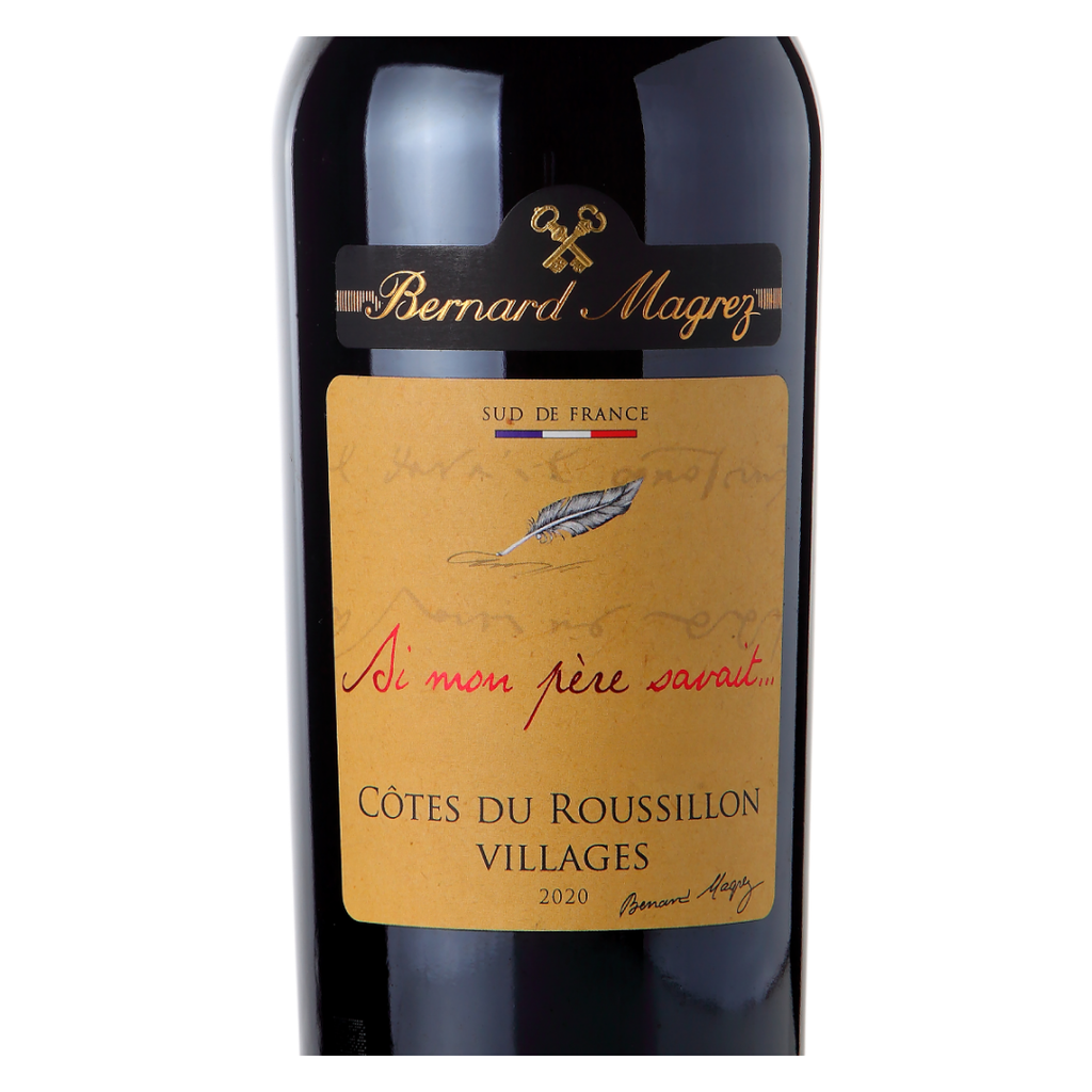 Close-up do rótulo do Si Mon Père Savait, mostrando a linha Compositeur de Vins Rares, o corte de Syrah, Carignan e Grenache, a origem Côtes du Roussillon Villages, França, safra 2020 e o volume de 750ml.
