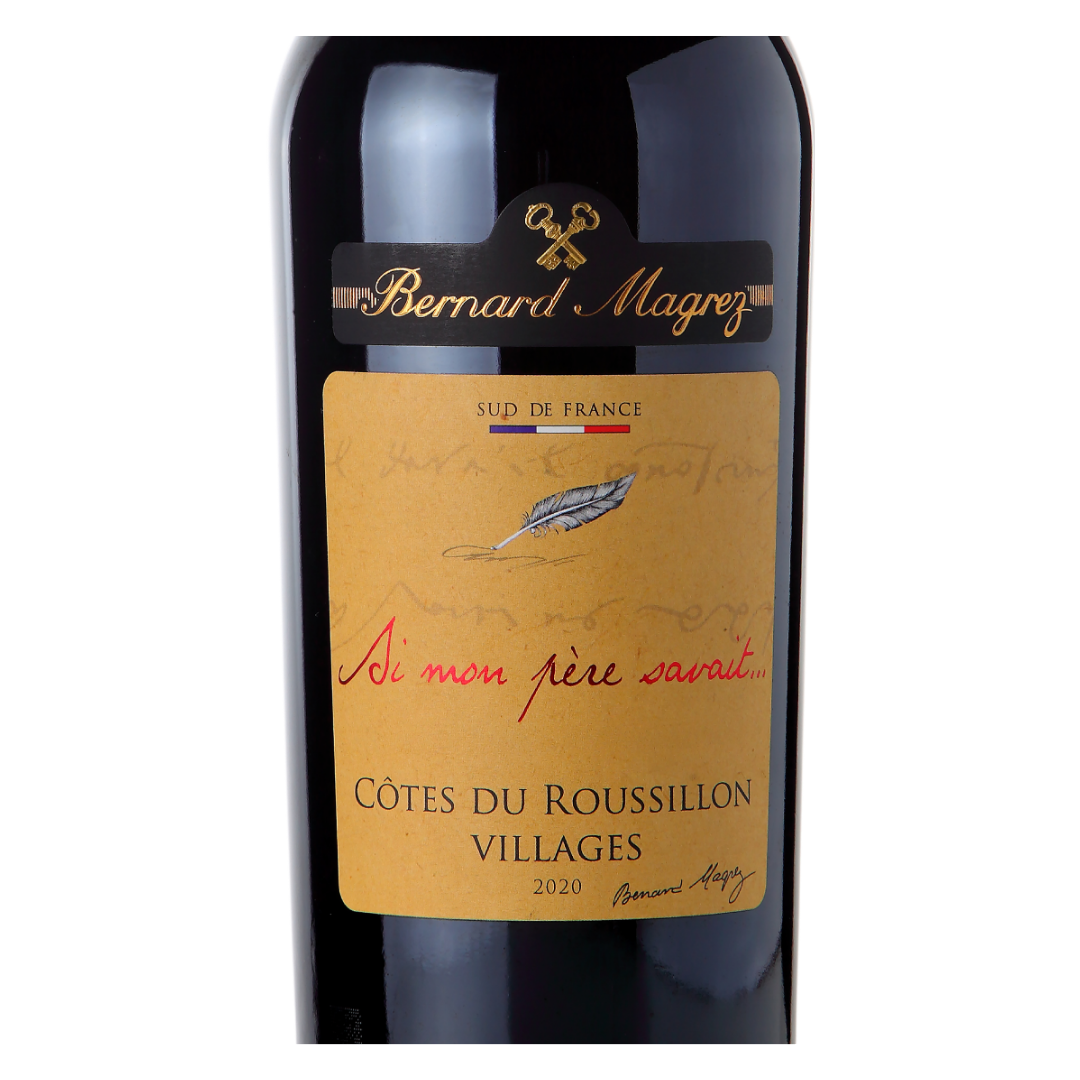 Close-up do rótulo do Si Mon Père Savait, mostrando a linha Compositeur de Vins Rares, o corte de Syrah, Carignan e Grenache, a origem Côtes du Roussillon Villages, França, safra 2020 e o volume de 750ml.