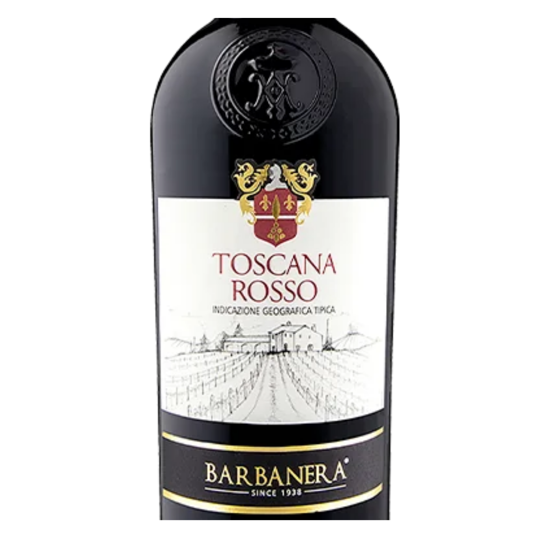Detalhe do rótulo do Toscana Rosso Barbanera, com design clássico italiano.