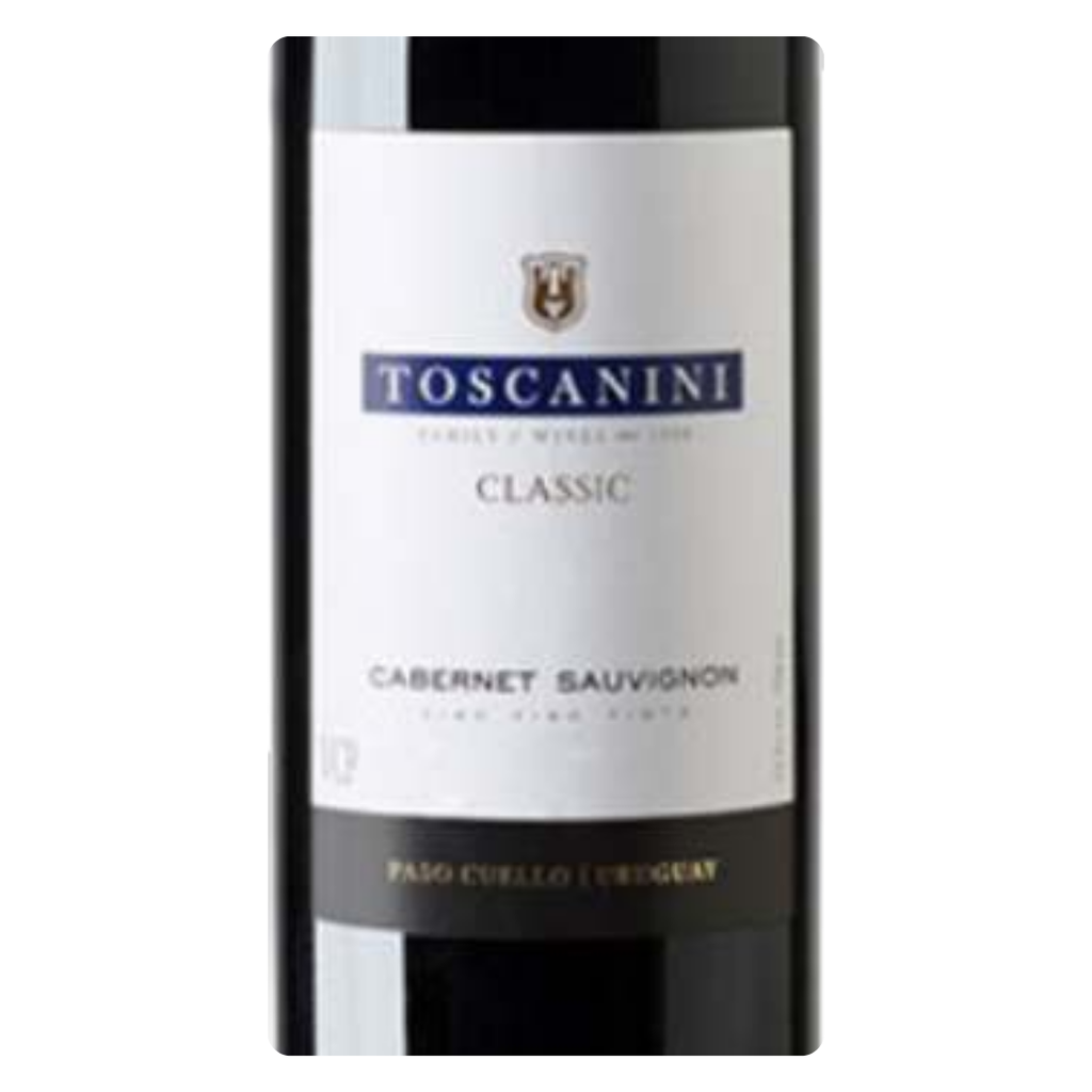 Close-up do rótulo do vinho Toscanini Classic Cabernet Sauvignon, exibindo o nome da bodega, a uva Cabernet Sauvignon e a origem Uruguai.