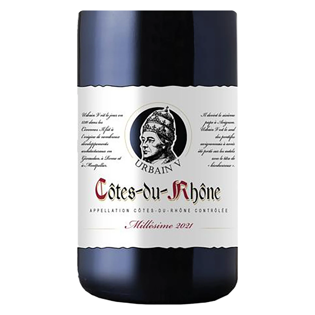 Close-up do rótulo do vinho Urbain V Côtes du Rhône, mostrando o nome do vinho, a appellation AOC e a vinícola Gabriel Meffre.
