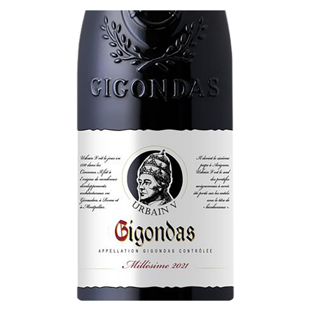 Close-up do rótulo do Urbain V Gigondas AOC 2021, mostrando o blend de Grenache e Syrah, a origem AOC Gigondas, Vale do Rhône, França, safra 2021 e o volume de 750ml.