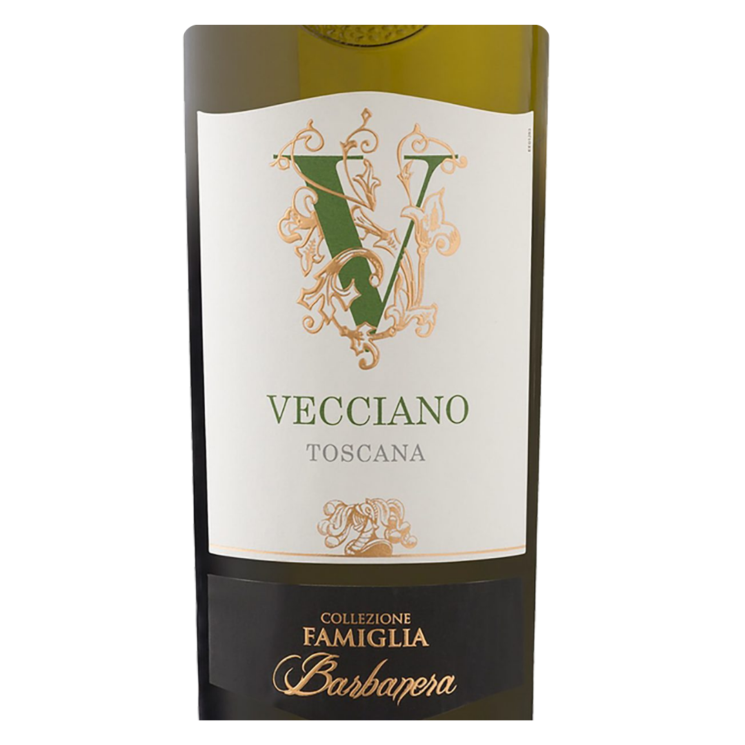 Close do rótulo do vinho Vecciano Toscana Rosso IGT Duca di Saragnano Barbanera, evidenciando o nome da tenuta, as castas Sangiovese e Cabernet Sauvignon, a denominação IGT Toscana e a premiação 99 Pontos Luca Maroni.