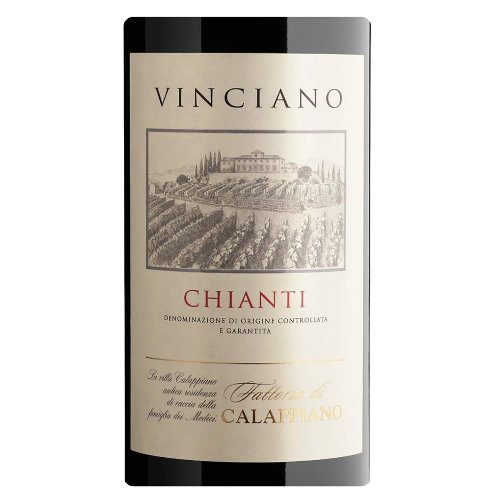 Close-up do rótulo do Vinciano Chianti DOCG, mostrando a origem Toscana Itália, o estilo Chianti e o volume de 750 ml.