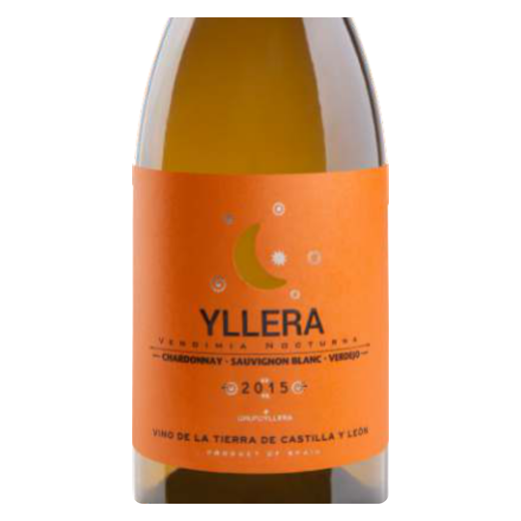 Close-up do rótulo do Yllera Chardonnay Vendimia Nocturna, mostrando a uva Chardonnay, a origem Castilla y León, Espanha, e o volume de 750ml.