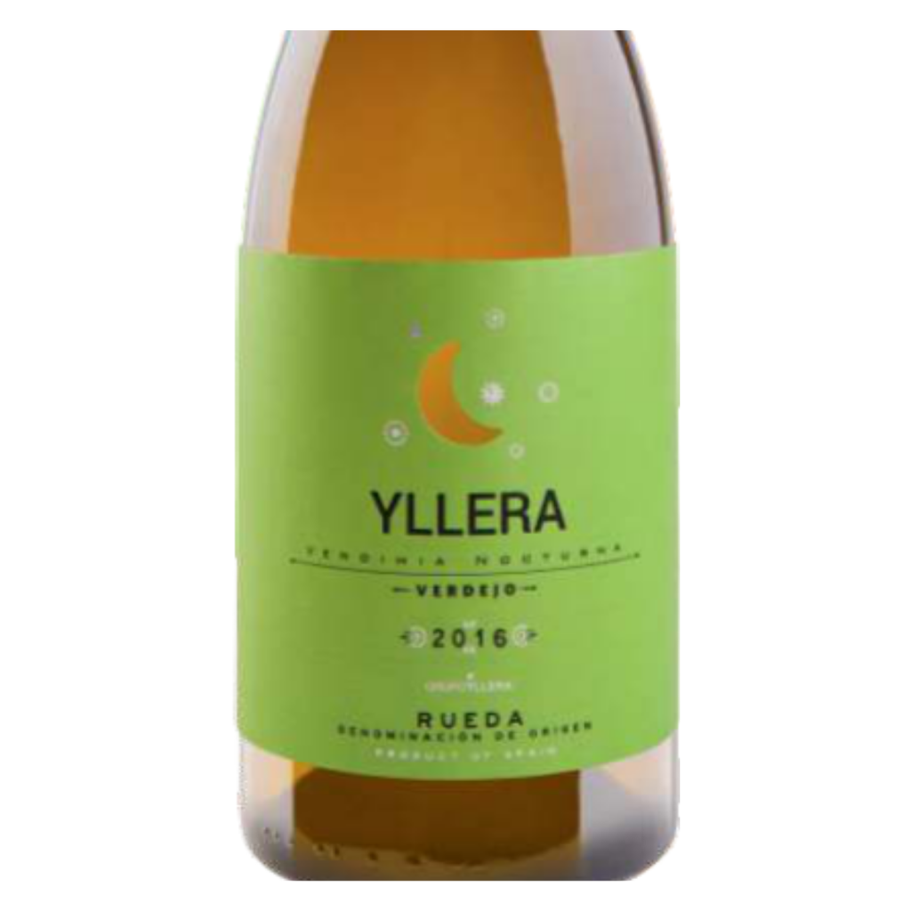 Close-up do rótulo do Yllera Vendimia Nocturna Verdejo, mostrando a uva Verdejo, a origem D.O. Rueda, Espanha, e o volume de 750ml.